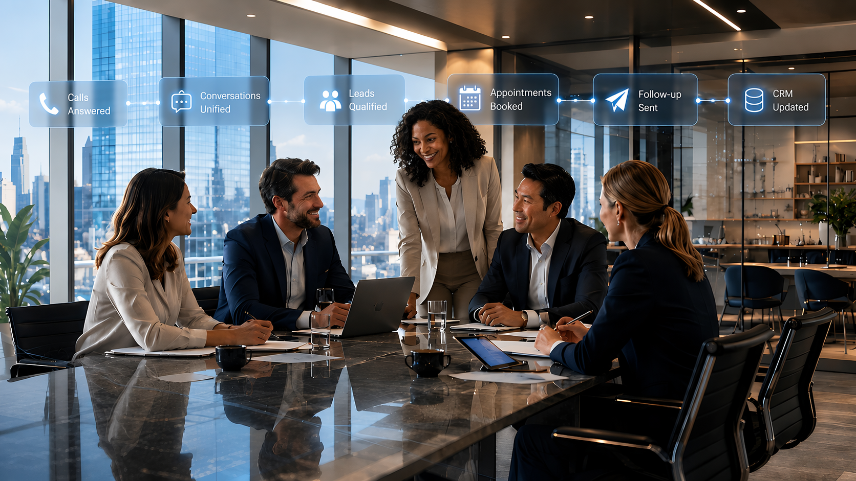 A human team in a modern boardroom while an invisible AI workforce coordinates six workflows in the background: Calls Answered, Conversations Unified, Leads Qualified, Appointments Booked, Follow-Up Sent, and CRM Updated.
