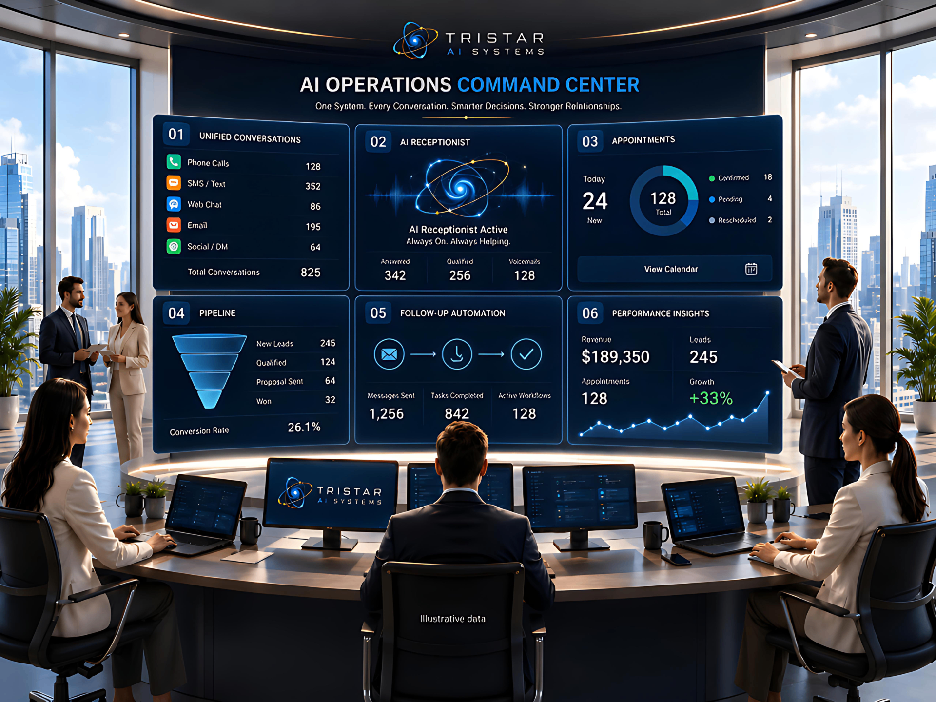 AI Operations Command Center dashboard with six modules — Unified Conversations, AI Receptionist, Appointments, Pipeline, Follow-Up Automation, and Performance Insights — showing illustrative revenue of $189,350, 245 leads, 128 appointments, and +33% growth.